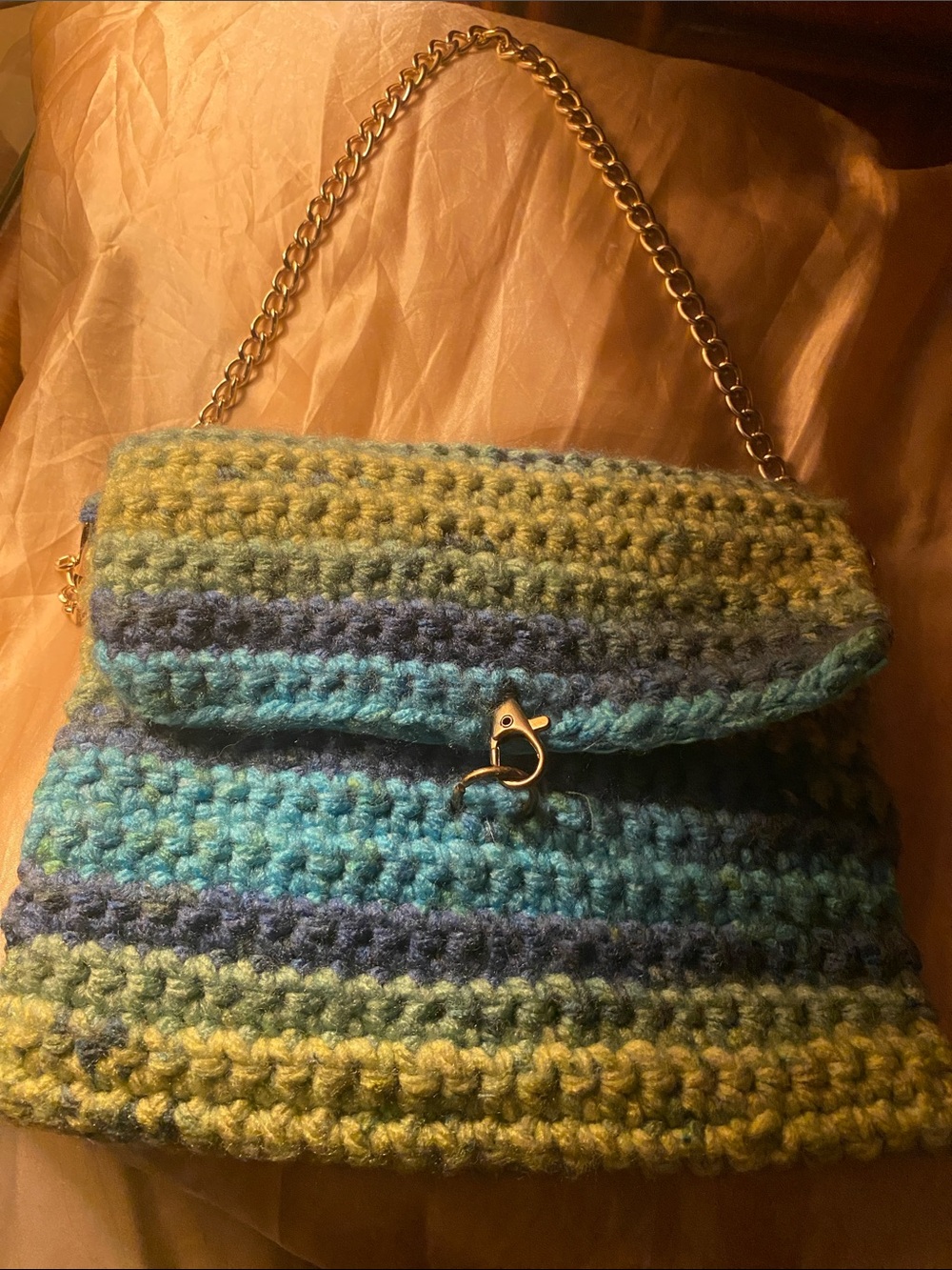 Handmade Crocheted Shoulder Bag in Blue and Green Stripes